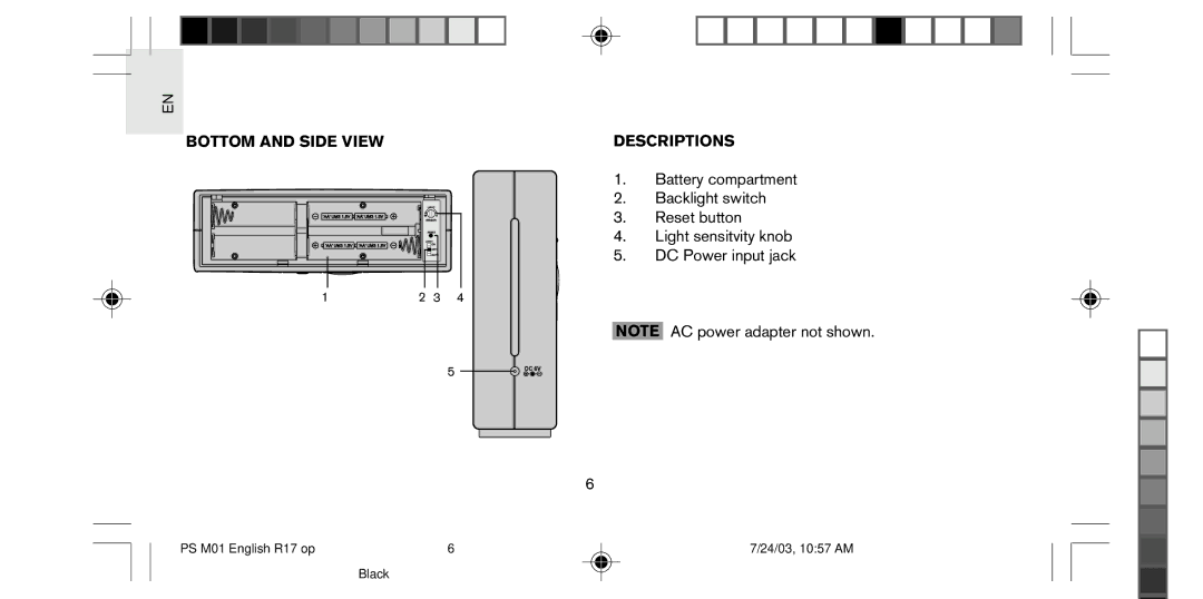 Oregon Scientific PS-M01U user manual Bottom and Side View Descriptions 