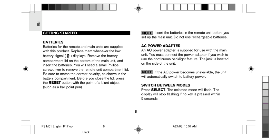 Oregon Scientific PS-M01U user manual Getting Started, Batteries, AC Power Adapter, Switch Between Modes 