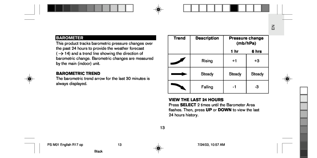 Oregon Scientific PS-M01U user manual Barometer, Barometric Trend, Description, Pressure change, mb/hPa, 1 hr, Steady 