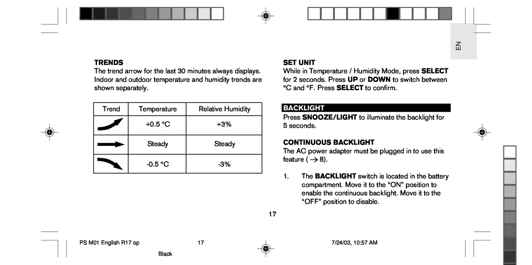 Oregon Scientific PS-M01U user manual Trends, Set Unit, Continuous Backlight 