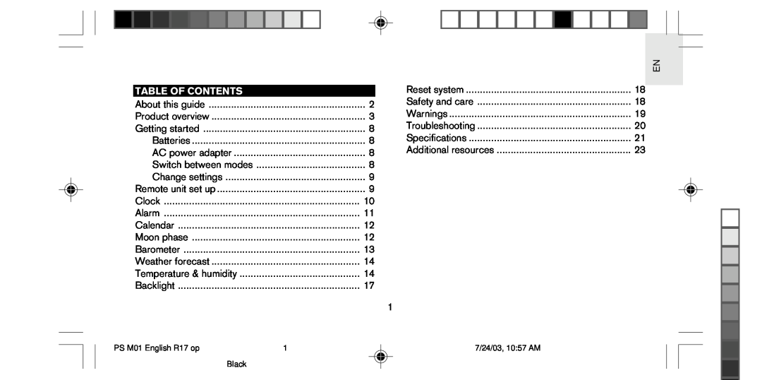 Oregon Scientific PS-M01U user manual Table Of Contents 