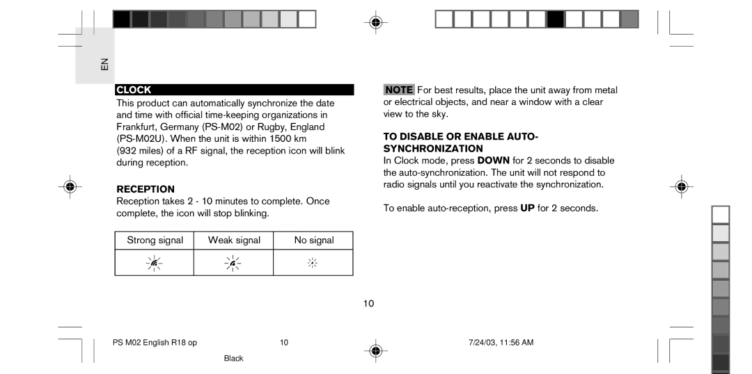 Oregon Scientific PS-M02U user manual Clock, Reception, To Disable or Enable Auto Synchronization 