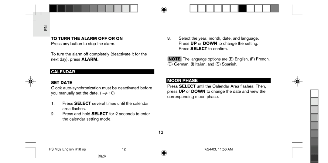 Oregon Scientific PS-M02U user manual To Turn the Alarm OFF or on, Calendar, SET Date, Moon Phase 