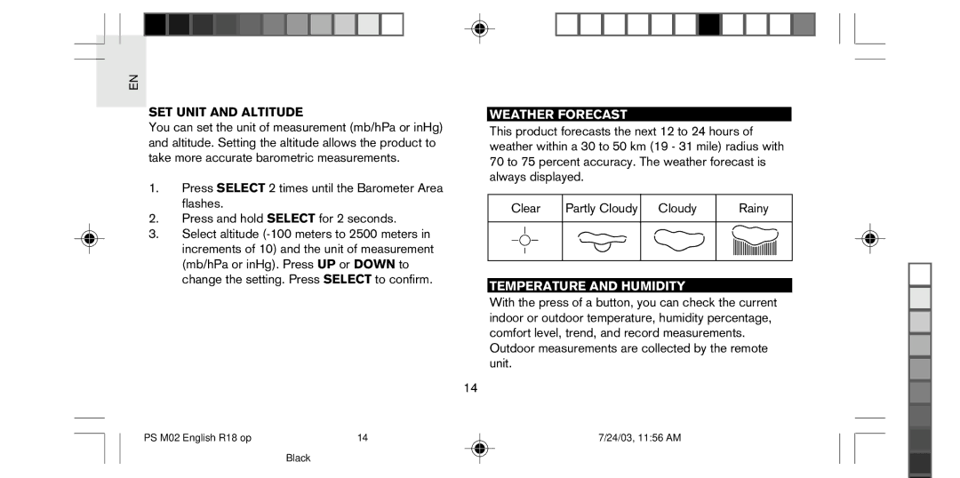 Oregon Scientific PS-M02U user manual SET Unit and Altitude, Weather Forecast, Temperature and Humidity 