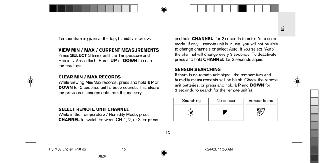 Oregon Scientific PS-M02U user manual Clear MIN / MAX Records, Select Remote Unit Channel, Sensor Searching 