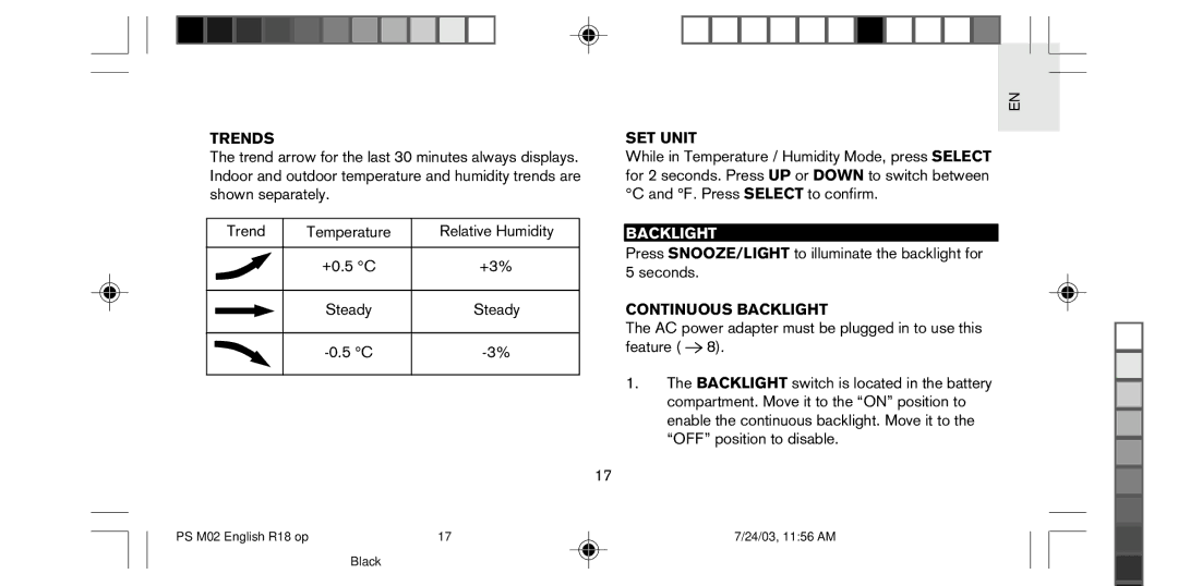 Oregon Scientific PS-M02U user manual Trends, SET Unit, Continuous Backlight 