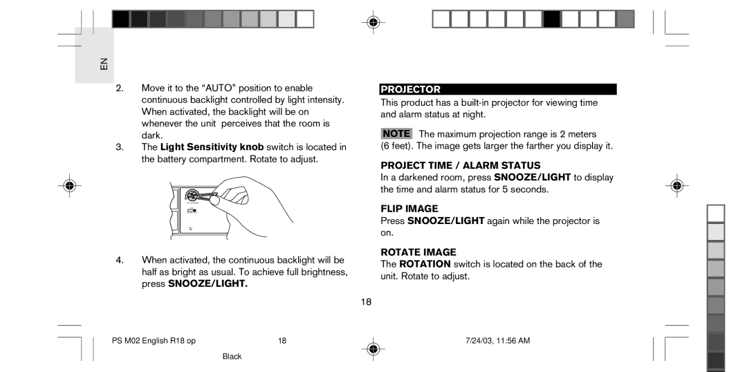 Oregon Scientific PS-M02U user manual Projector, Project Time / Alarm Status, Flip Image, Rotate Image 