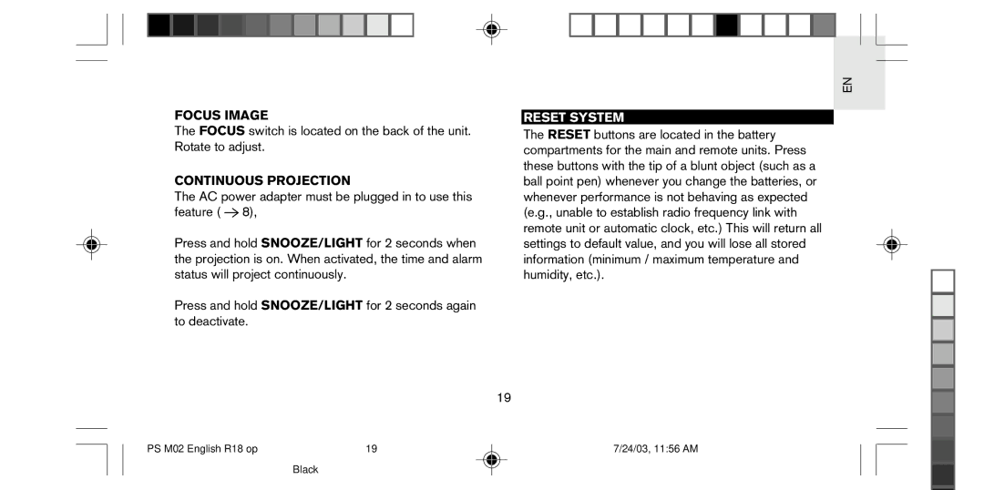 Oregon Scientific PS-M02U user manual Focus Image, Continuous Projection, Reset System 