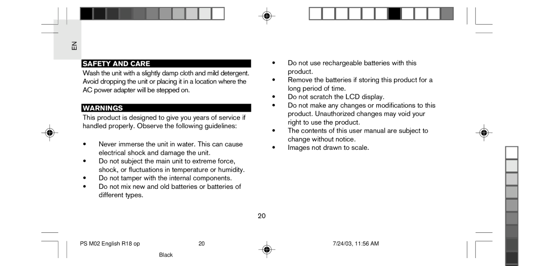 Oregon Scientific PS-M02U user manual Safety and Care 