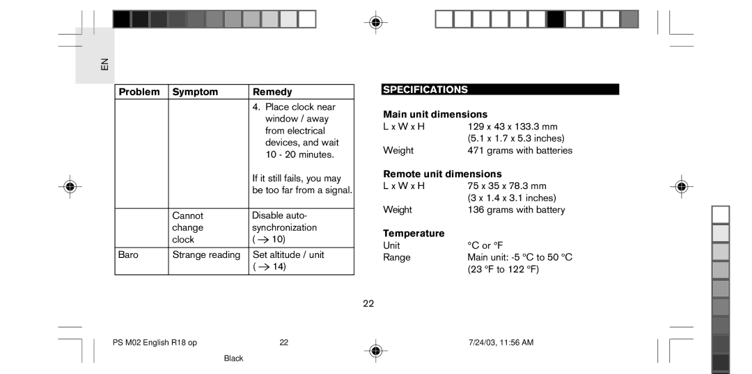 Oregon Scientific PS-M02U user manual Specifications, Temperature 