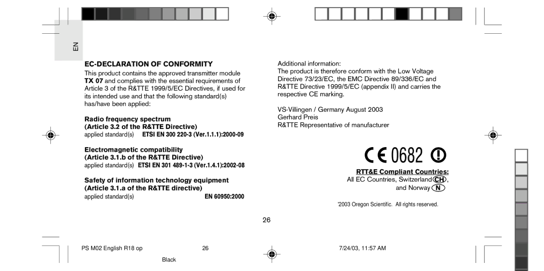 Oregon Scientific PS-M02U user manual EC-DECLARATION of Conformity, RTT&E Compliant Countries 