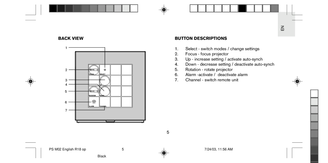 Oregon Scientific PS-M02U user manual Back View Button Descriptions 