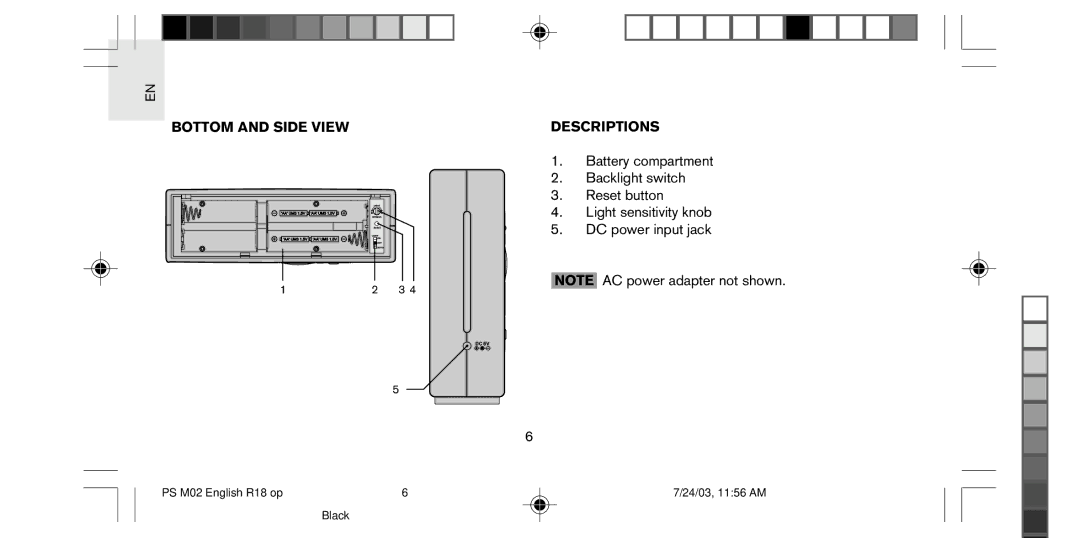 Oregon Scientific PS-M02U user manual Bottom and Side View Descriptions 