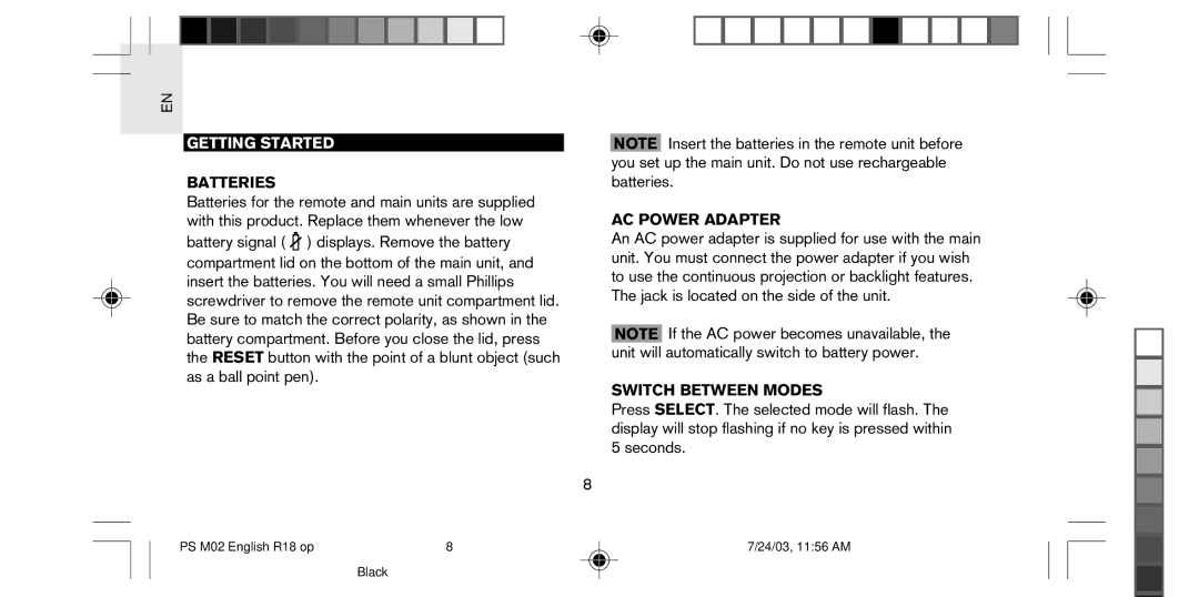 Oregon Scientific PS-M02U user manual Getting Started, Batteries, AC Power Adapter, Switch Between Modes 