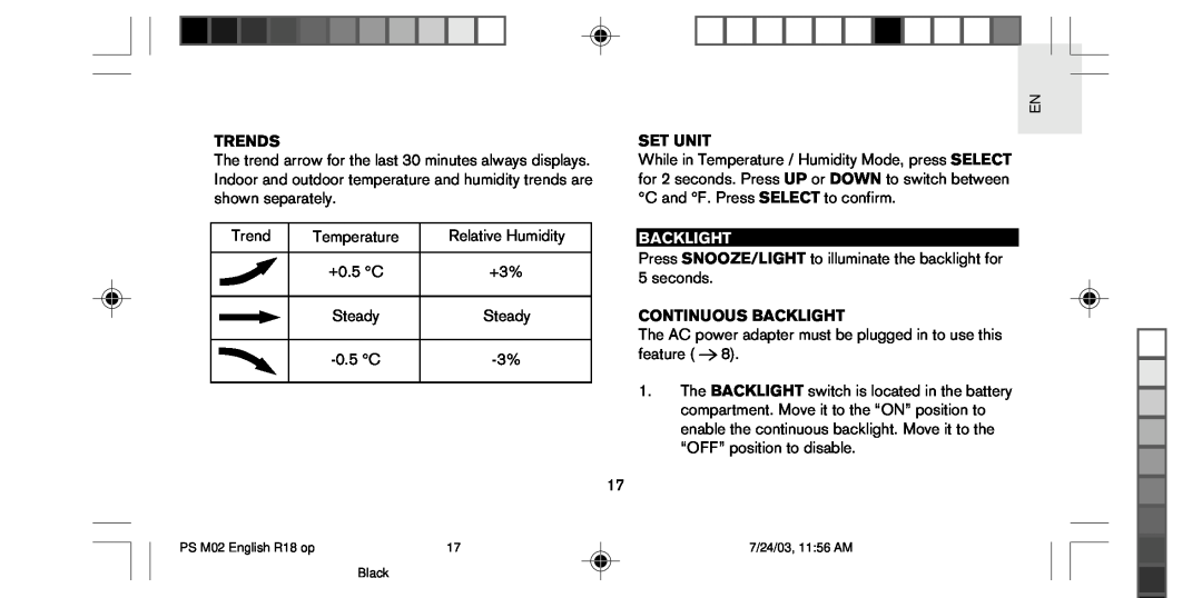 Oregon Scientific PS-M02U user manual Trends, Set Unit, Continuous Backlight 