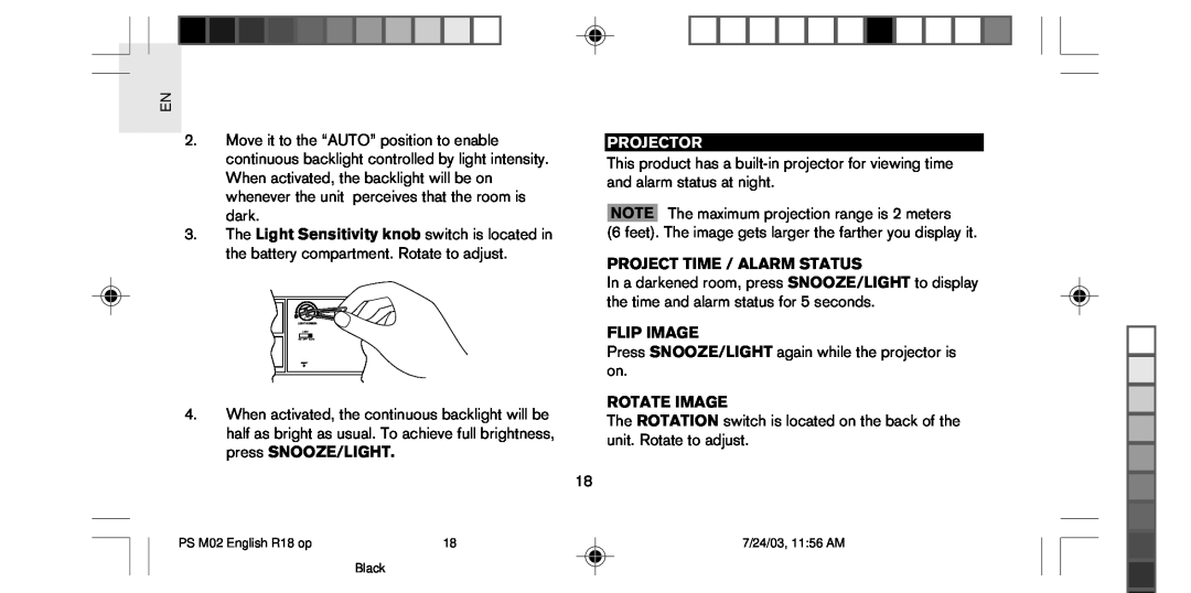 Oregon Scientific PS-M02U user manual Projector, Project Time / Alarm Status, Flip Image, Rotate Image 