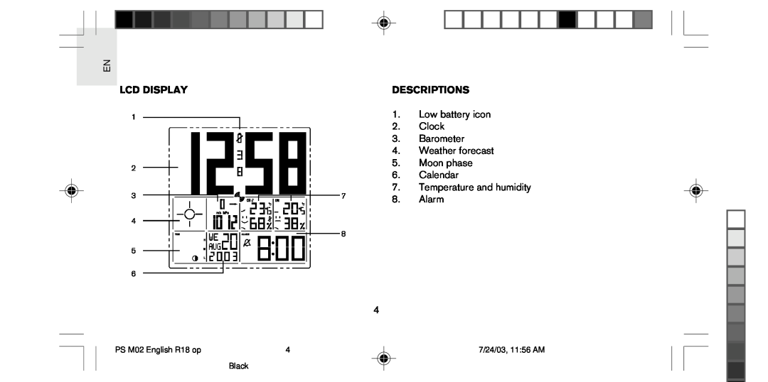 Oregon Scientific PS-M02U user manual Lcd Display, Descriptions, PS M02 English R18 op, Black, 7/24/03, 1156 AM 