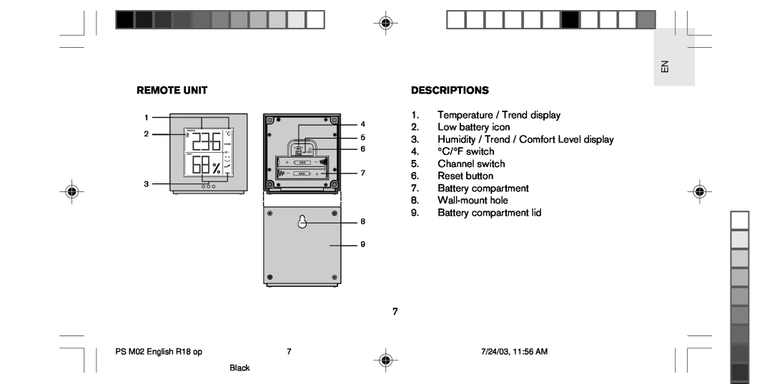 Oregon Scientific PS-M02U user manual Remote Unit, Descriptions, PS M02 English R18 op, 7/24/03, 1156 AM, Black 
