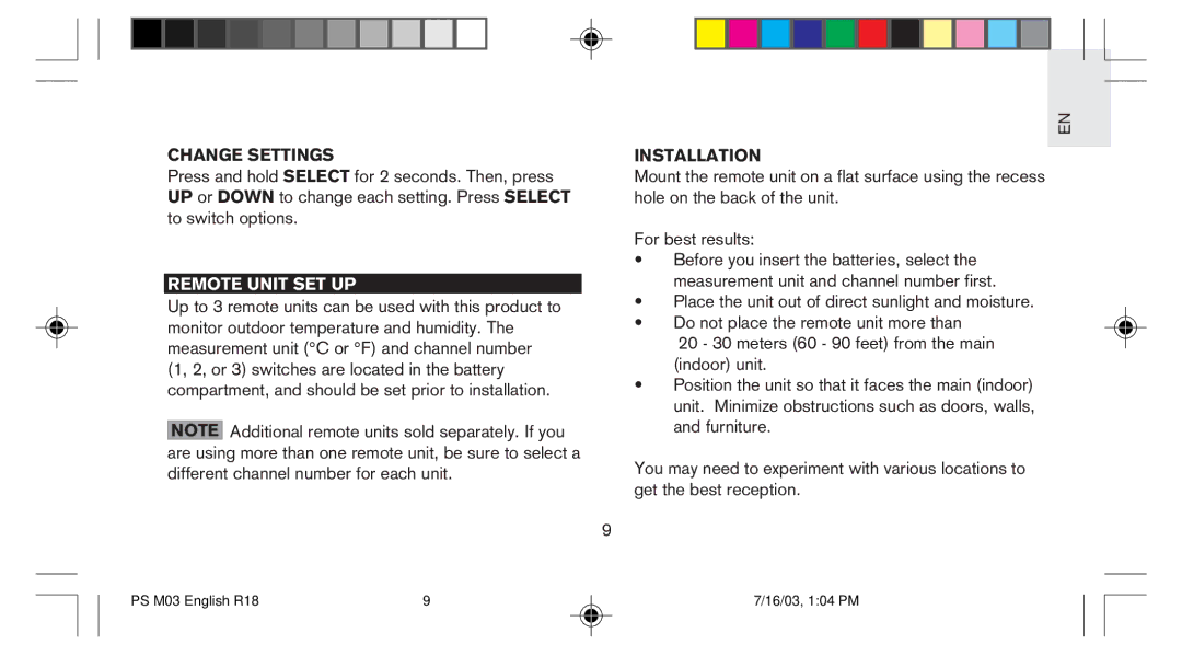 Oregon Scientific PS-M03U user manual Change Settings, Remote Unit SET UP, Installation 