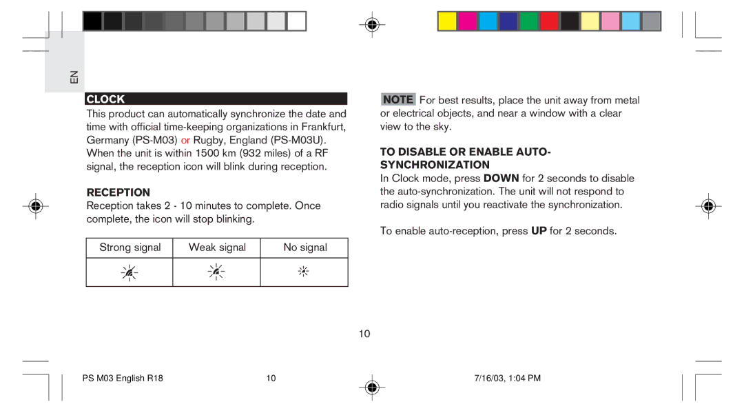 Oregon Scientific PS-M03U user manual Clock, Reception, To Disable or Enable Auto Synchronization 