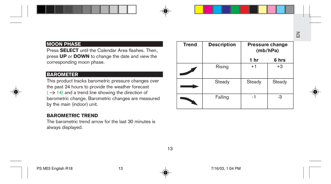 Oregon Scientific PS-M03U user manual Moon Phase, Barometer, Barometric Trend 