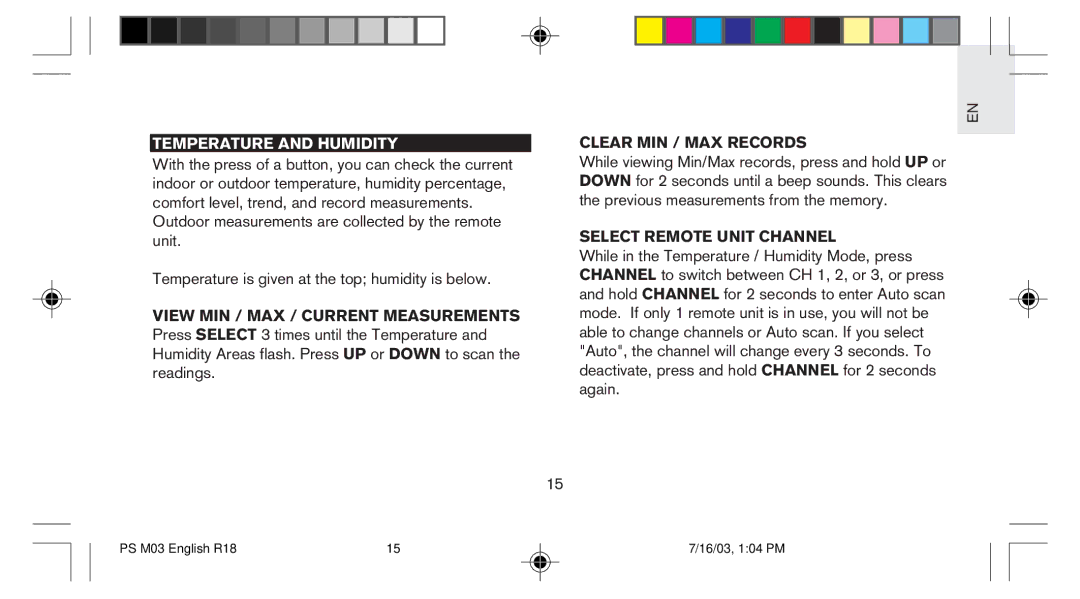 Oregon Scientific PS-M03U user manual Temperature and Humidity, Clear MIN / MAX Records, Select Remote Unit Channel 