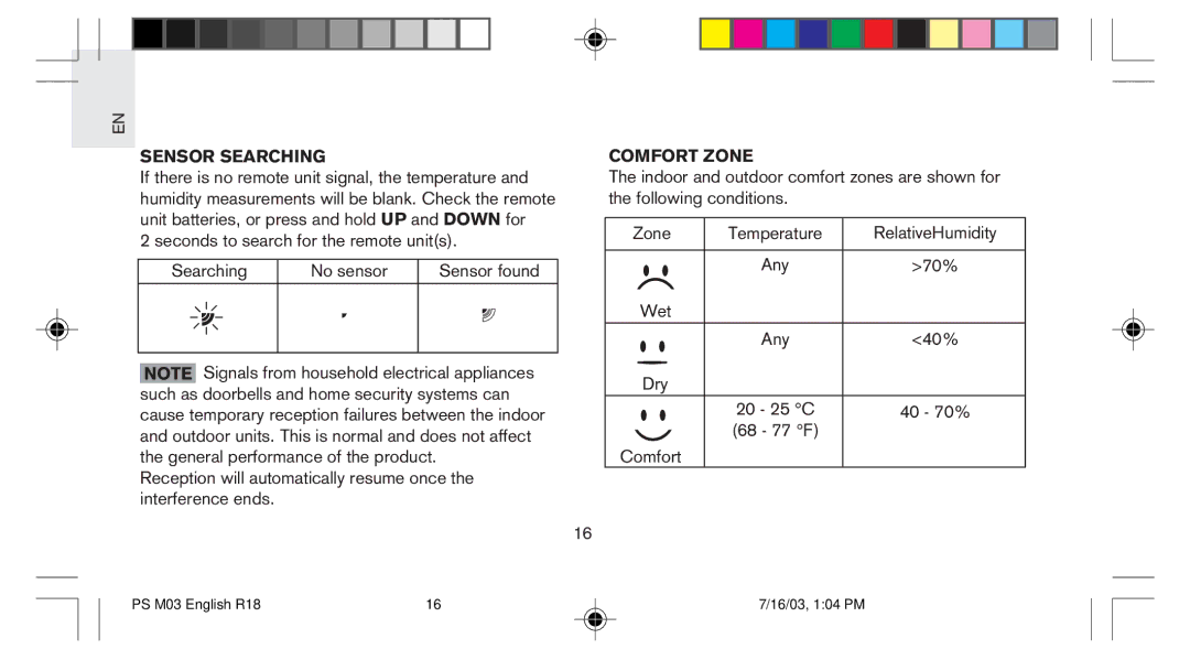 Oregon Scientific PS-M03U user manual Sensor Searching, Comfort Zone 