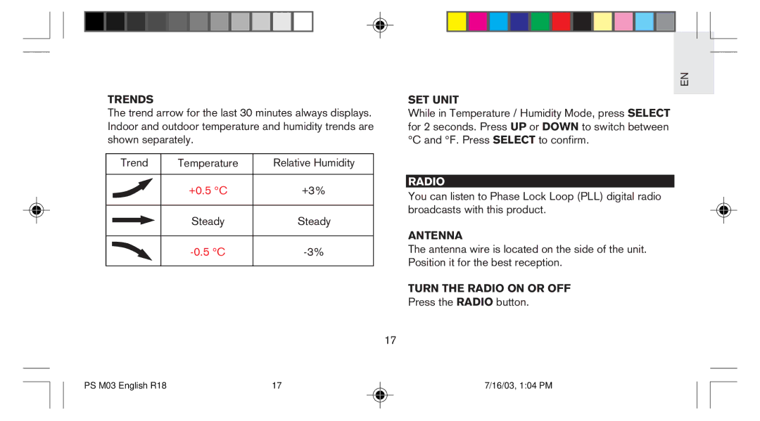 Oregon Scientific PS-M03U user manual Trends, SET Unit, Antenna, Turn the Radio on or OFF 