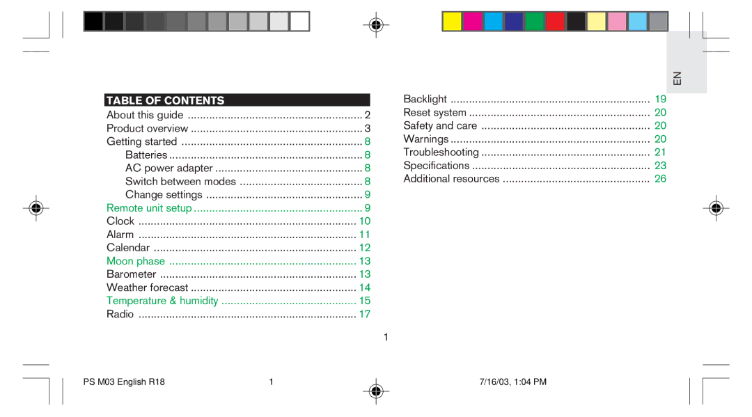 Oregon Scientific PS-M03U user manual Table of Contents 