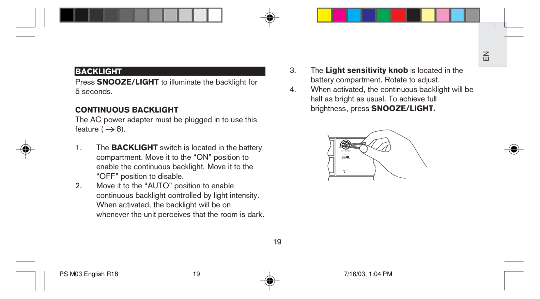 Oregon Scientific PS-M03U user manual Continuous Backlight 