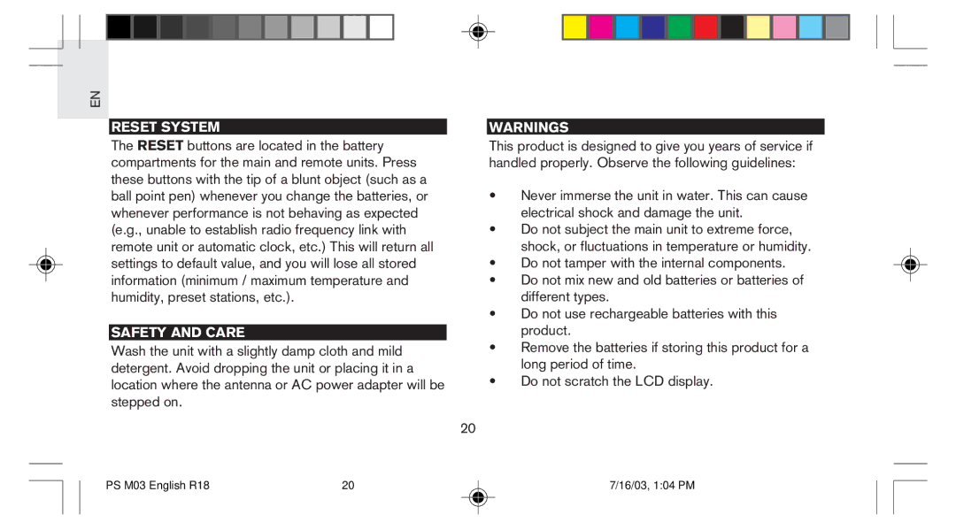 Oregon Scientific PS-M03U user manual Reset System, Safety and Care 