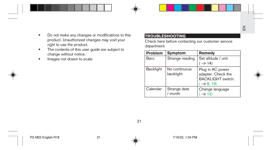 Oregon Scientific PS-M03U user manual Troubleshooting, Problem Symptom Remedy 