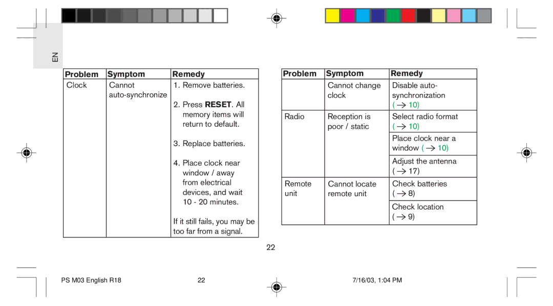 Oregon Scientific PS-M03U user manual Clock Cannot Remove batteries 