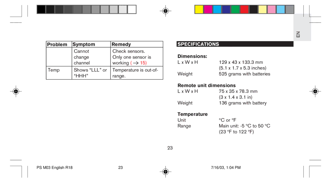 Oregon Scientific PS-M03U user manual Specifications, Temperature 