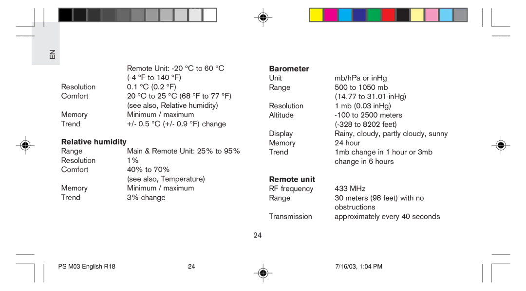 Oregon Scientific PS-M03U user manual Relative humidity 