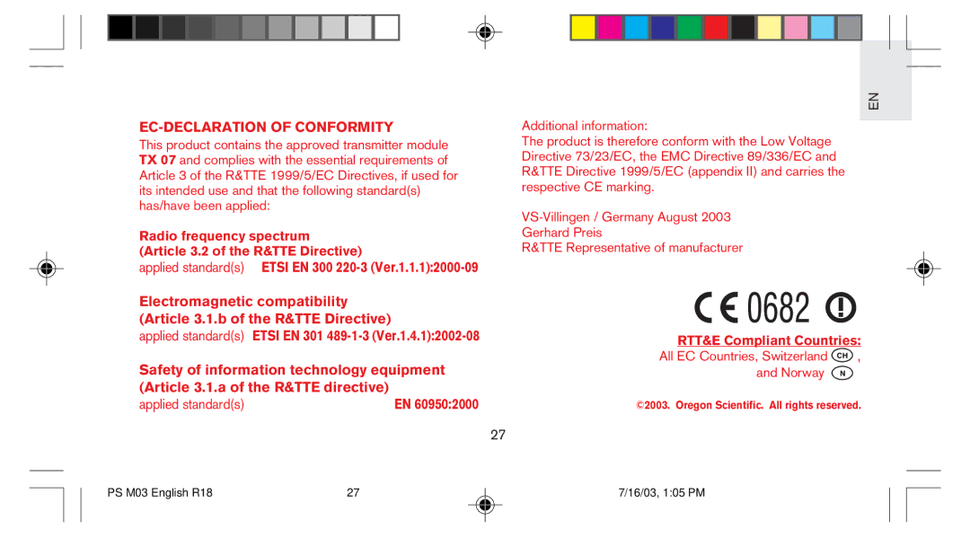 Oregon Scientific PS-M03U user manual EC-DECLARATION of Conformity 