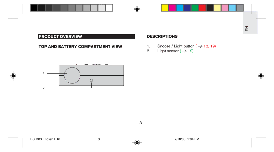 Oregon Scientific PS-M03U user manual Product Overview, TOP and Battery Compartment View Descriptions 