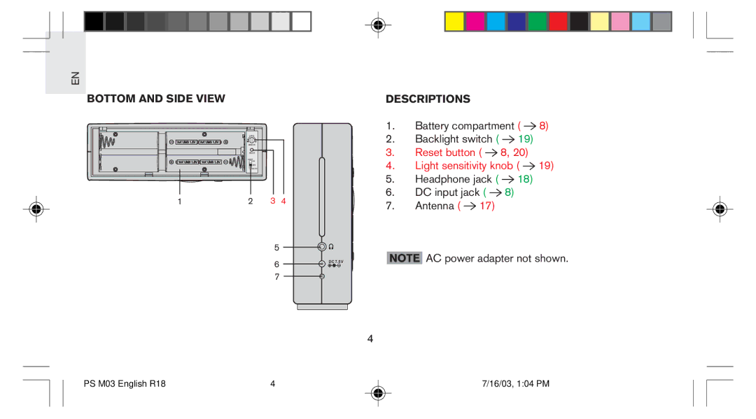 Oregon Scientific PS-M03U user manual Bottom and Side View 