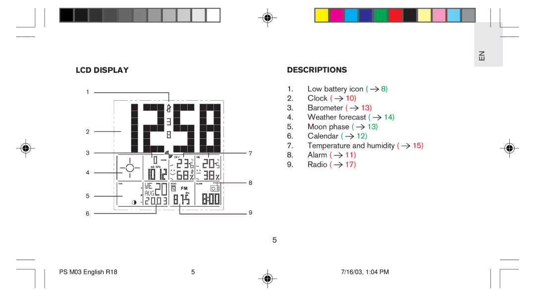 Oregon Scientific PS-M03U user manual LCD Display Descriptions 