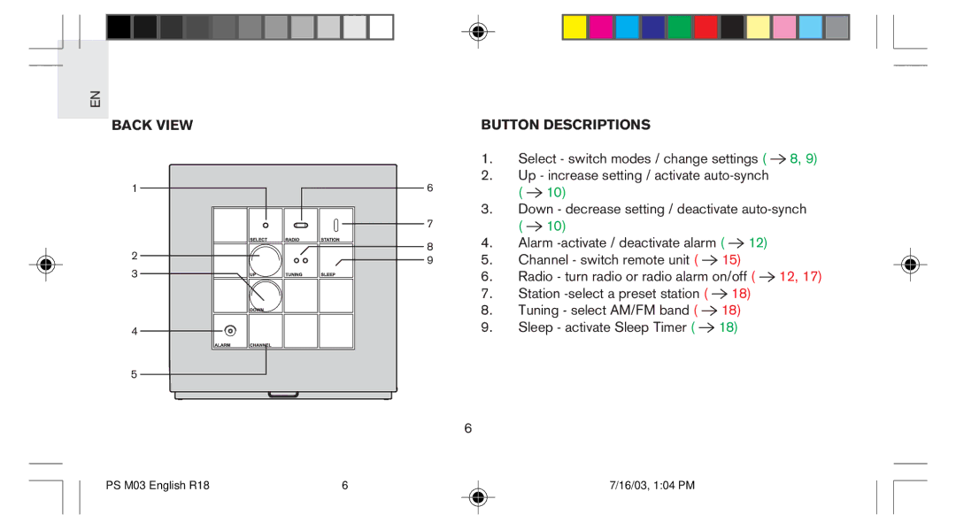 Oregon Scientific PS-M03U user manual Back View Button Descriptions 