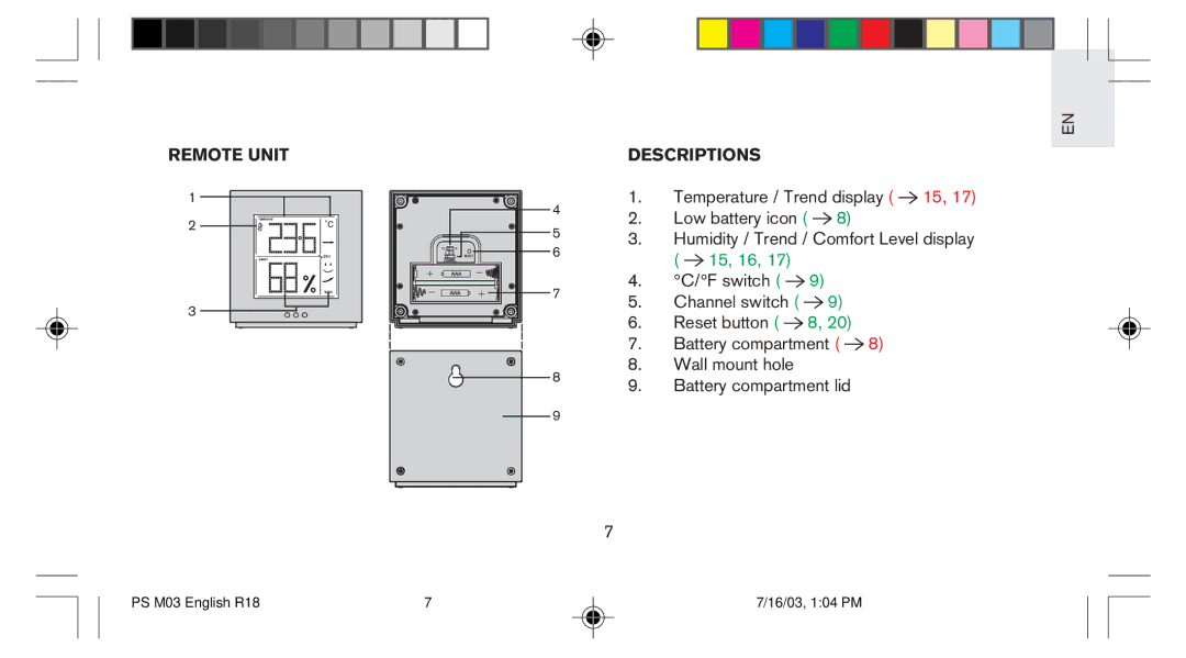 Oregon Scientific PS-M03U user manual Remote Unit Descriptions 