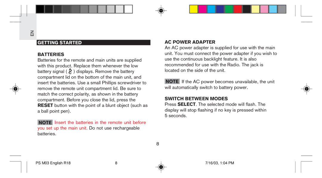 Oregon Scientific PS-M03U user manual Getting Started, Batteries, AC Power Adapter, Switch Between Modes 