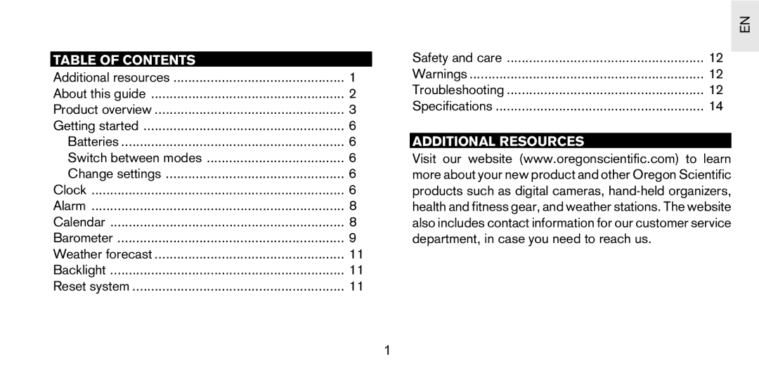 Oregon Scientific PS-S01U user manual Table of Contents, Additional Resources 