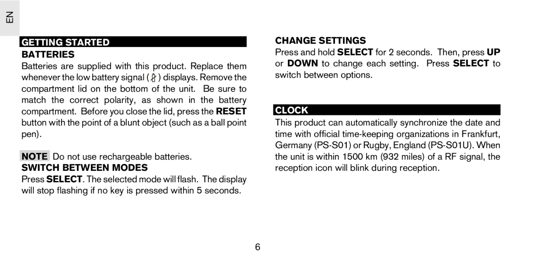 Oregon Scientific PS-S01U user manual Getting Started, Batteries, Switch Between Modes, Change Settings, Clock 