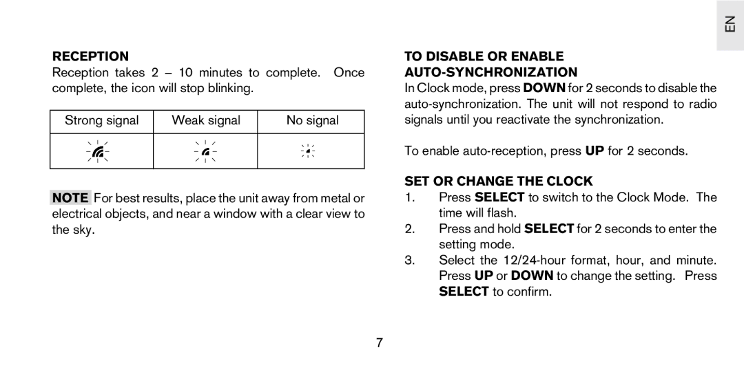 Oregon Scientific PS-S01U user manual Reception, To Disable or Enable AUTO-SYNCHRONIZATION, SET or Change the Clock 