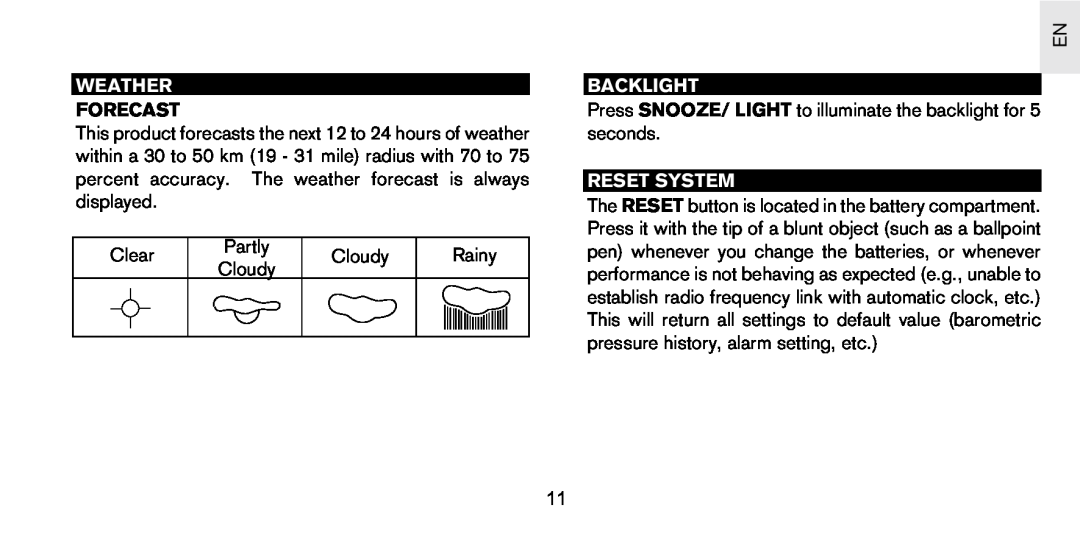 Oregon Scientific PS-S01U user manual Weather, Backlight, Reset System, Forecast 