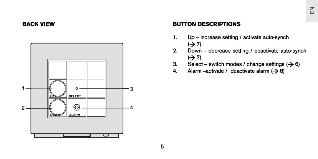 Oregon Scientific PS-S01U user manual Back View, Button Descriptions, Down - decrease setting / deactivate auto-synch 