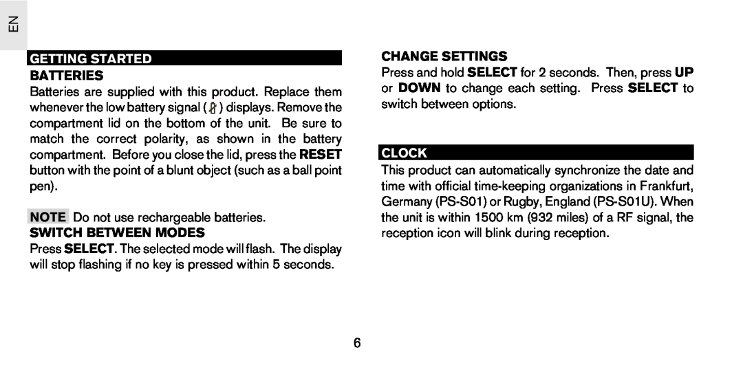 Oregon Scientific PS-S01U user manual Getting Started, Clock, Batteries, Switch Between Modes, Change Settings 