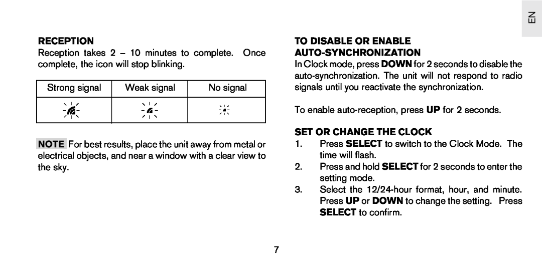 Oregon Scientific PS-S01U user manual Reception, To Disable Or Enable Auto-Synchronization, Set Or Change The Clock 