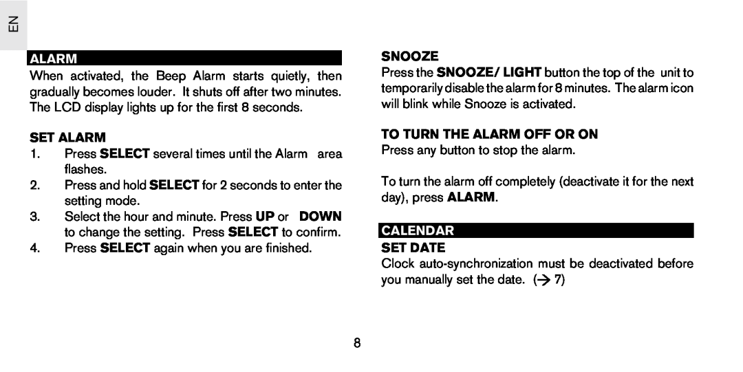 Oregon Scientific PS-S01U user manual Calendar, Set Alarm, Snooze, To Turn The Alarm Off Or On, Set Date 